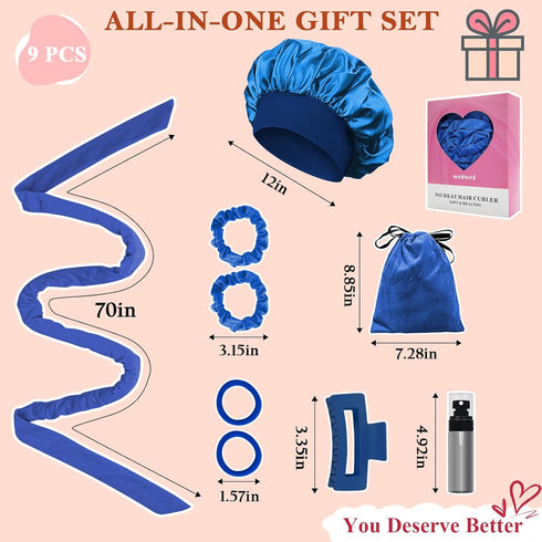 weiwei No Heat Curlers, Overnight Curling Headband Rollers for Women, 9 PCS Gift Set (Blue)