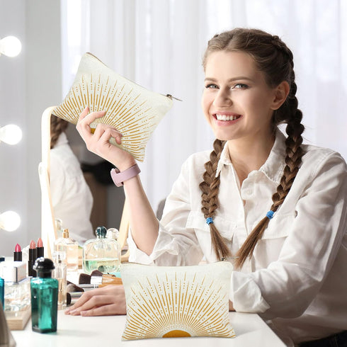 10 Pcs Sunshine Ray Makeup Bag - Boho Cosmetic Pouch with Zipper for Your Purse, Cute Travel Accessory