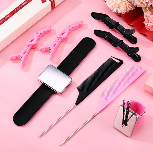 Syhood 14 Pcs Hair Braiding Tools, Magnetic Pin Wristband, Stainless Steel Pintail Rat Tail Comb, Alligator Sectioning