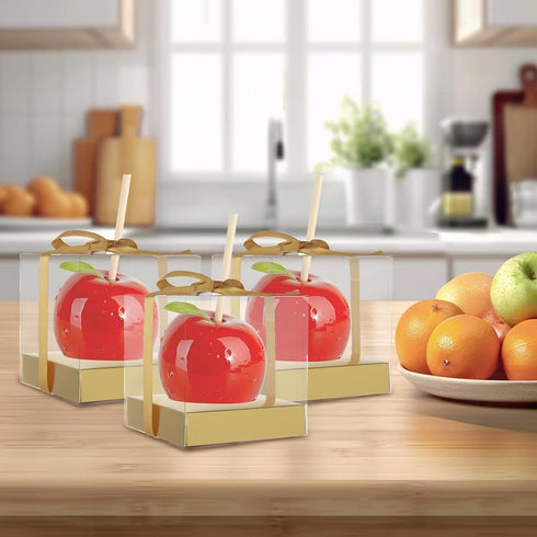 LANIAKEA 75PCS 4x4x4 Inches Candy Apple Boxes with Hole Clear Caramel Apples Boxes Clear PET Gift Boxes for Wedding