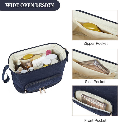 Telena Large Capacity Makeup Bag - Double Layer Portable Travel Cosmetic Bags for Women - Navy Blue