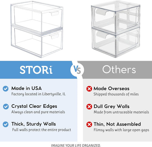 STORi Audrey Stackable Clear Bin Plastic Organizer Drawers | 2 Piece Set | Organize Cosmetics and Beauty Supplies on
