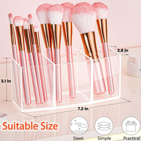 Clear Makeup Brush Organizer, Acrylic Cosmetic Brushes Storage with 3 Slots, Perfect Pen Holder for Desk