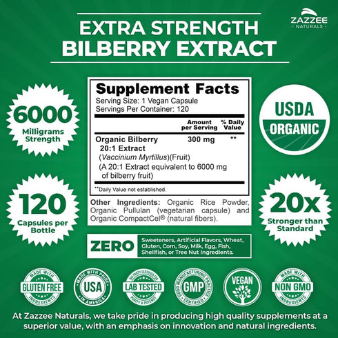 Zazzee USDA Organic Bilberry 20:1 Extract 6000 mg Strength, 120 Vegan Capsules, 4 Month Supply