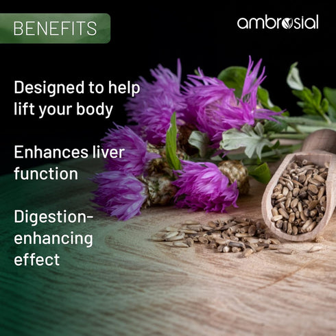 AMBROSIAL Milk Thistle Liver Detox, Dandelion Root & Other Natural Herbs, High Strength Herbal Antioxidant, 60 Capsules