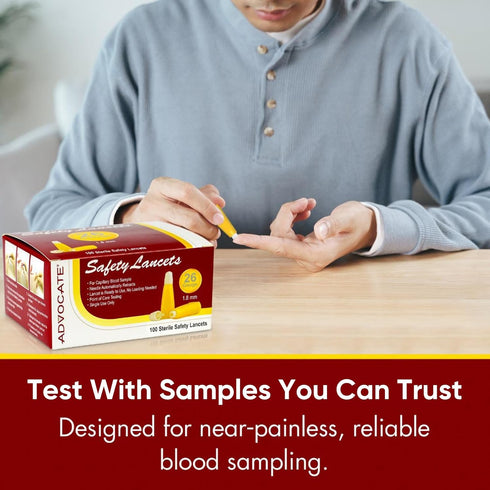 Pressure Activated Safety Lancets 26G 1.8mm Box of 100 - Advocate Single Use Glucose Testing Lancing Device with Automatic Retractable Needle for Blood Sugar Sampling