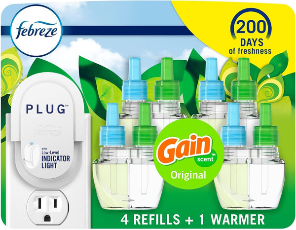Febreze Plug in Air Fresheners, Gain Original Scent, Odor Fighter, 1 Warmer + 4 Oil Refills