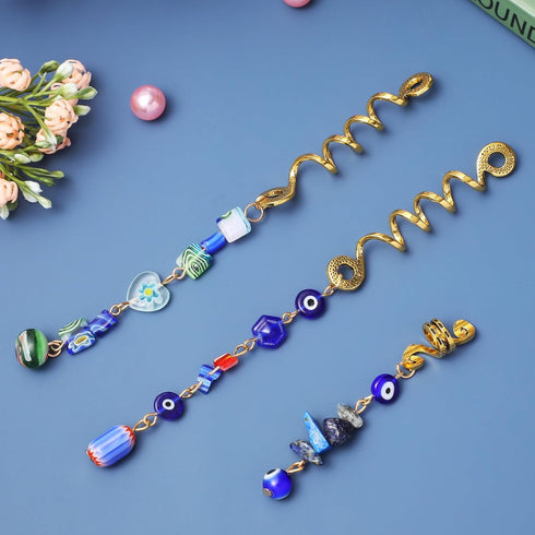 Holibanna 3pcs Hair Braid Rings, Blue Evil Eye Hair Jewelry Dreadlock Long Gold Metal Spiral Coil Beads