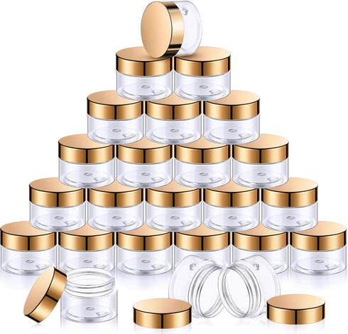 SATINIOR 24 Pieces Empty Clear Plastic Jars, Round Storage Containers for Beauty Products, 1 oz, Gold Lid