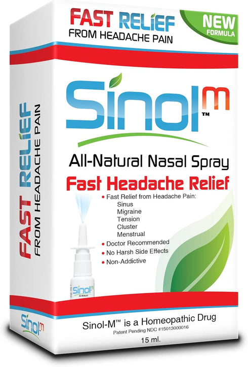 Sinol Headache Relief Spray, Over-The-Counter Nasal Decongestant, 15 ml for Migraine, Tension, Sinus Relief