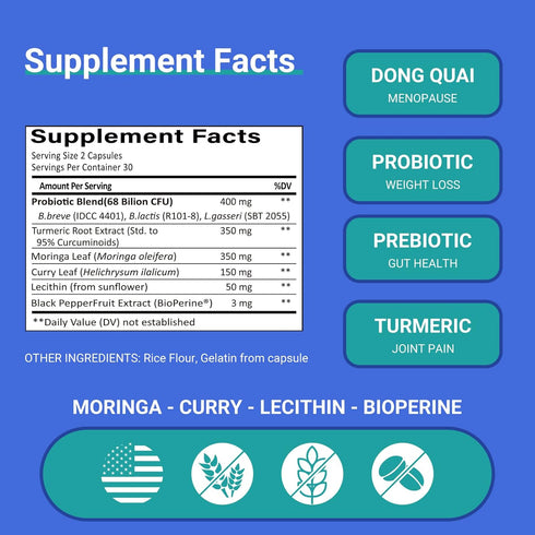 Ruolai 68B 60 ProBalance Probiotics for Women CFU Menopause, Bloat & Belly Support Turmeric & Moringa Digestive & Joint