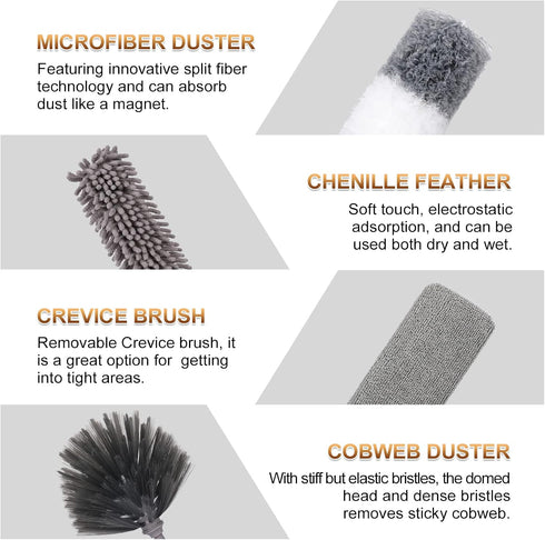 Microfiber Duster for Cleaning, 9PCS Extendable Feather Duster (Stainless Steel), 30 to 100 Inches