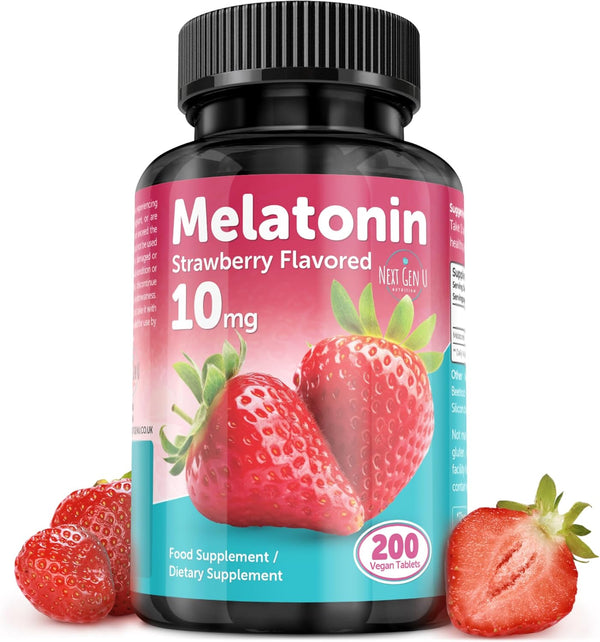 NGU Next Gen U Melatonin Tablets - 10 mg Dietary Supplement - Strawberry Flavored - 200
