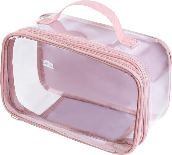 Large Clear Travel Pouch, TSA Approved Reusable Organizer with Zipper, Makeup Case, Pink