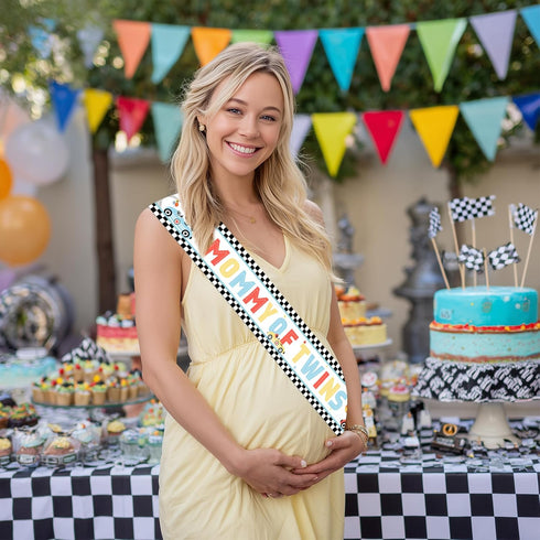 Mommy Race Car Twins Baby Shower Decorations Black White Checkered A Little Racer Is on the Way of Twins Sash Gift