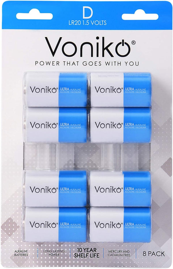 Voniko Ultra Alkaline D Batteries, D Size 8 Pack, 1.5 Volt, 10-Year Shelf Life, 6-9 Times The Power as Carbon Batteries