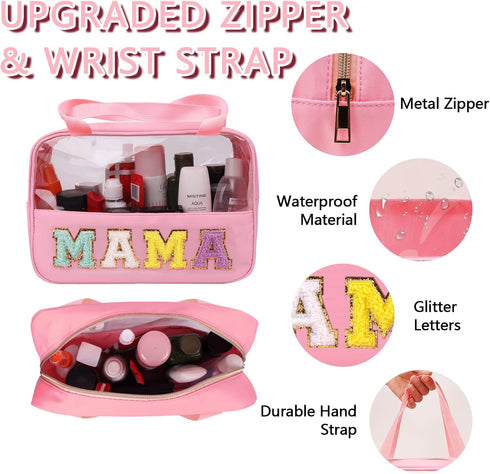 Iqimott Chenille Letter Patch Mama Bag, Large Clear Makeup Cosmetic Tote with Handle, Pink