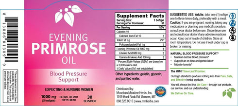 Mountain Meadow Herbs Evening Primrose Oil Capsules for Women - Support for Clear, Healthy Skin, 1000 mg (30 ct)