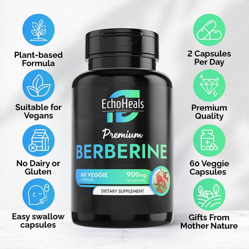 Berberine Supplement, Natural Plant-Based with Ceylon Cinnamon, Turmeric, 900mg, 60 Vegetable Caps