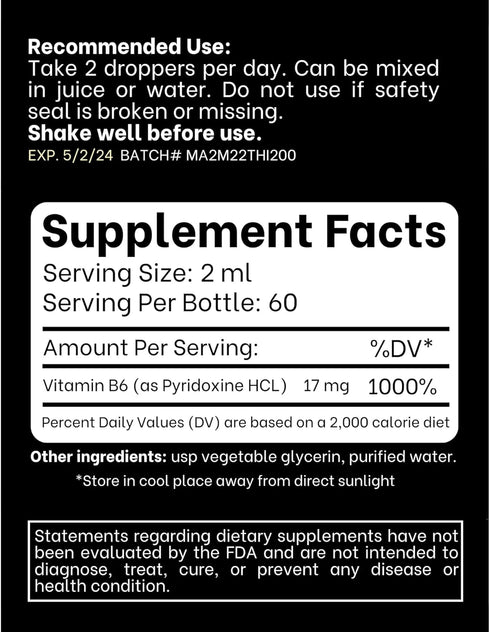 Liquid B6 Pyridoxine Supplement, Vitamin B-6 (Pyridoxine Hydrochloride), 4 oz Glass Bottle