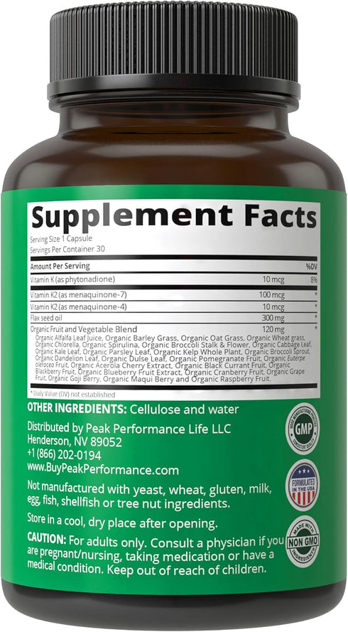 Vitamin K with Whole Food Blend of 25+ Vegetables and Fruits for Max Absorption | Vegan Capsules Supplement