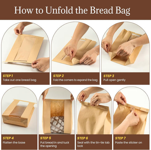 PILABEL 90 Pack 14x8.3x3.5 Inch 100 Packaging Large Sourdough Bread Bags with Window and Tin Tie, Kraft Paper Bakery