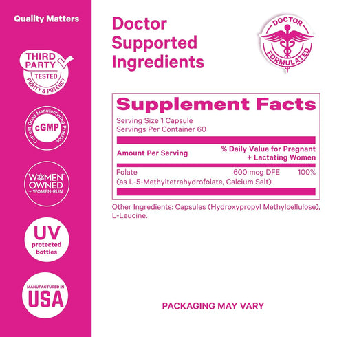 Pink Stork Folate: Methyl Folate, Natural Form of Folic Acid for Pregnancy, 60 Capsules