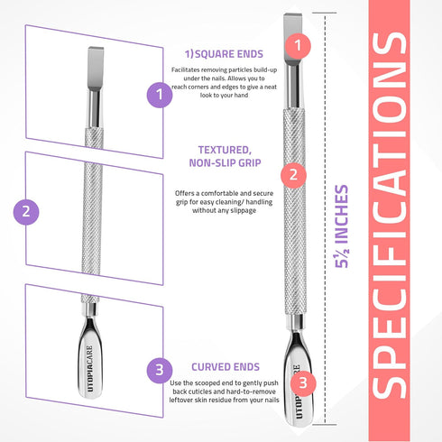Utopia Care Cuticle Pusher Tool & Spoon Nail Cleaner - Professional Stainless Steel Remover & Cutter, Silver
