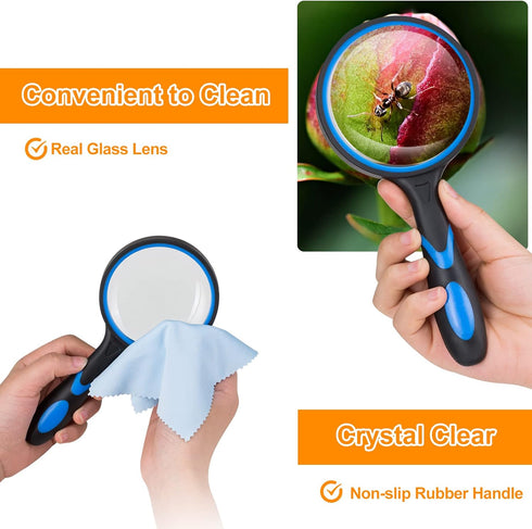 2PCS Upgrade 10X Magnifying Glass - Large Handheld Magnifier for Kids/Seniors Reading, 3 Inch Shatterproof Rubber Handle