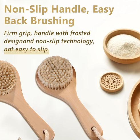 Dry Bath Body Brush with Short Handle, Natural Bristles for Exfoliation and Blood Circulation