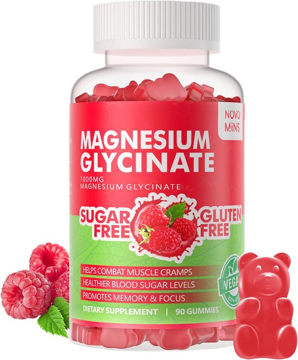 90 CT Magnesium Glycinate Gummies 1000mg - Sugar Free Supplement with Vitamin D, B6, CoQ10 for Calm Mood