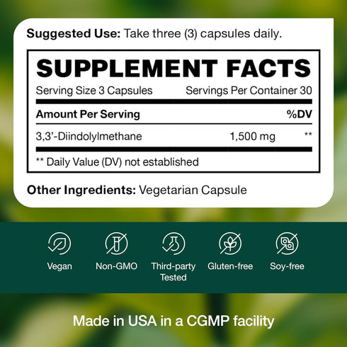 DIM Supplement 500mg, Diindolylmethane for Hormonal Health, Acne & Antioxidant Support, Vegan, Non-GMO, 90 Capsules