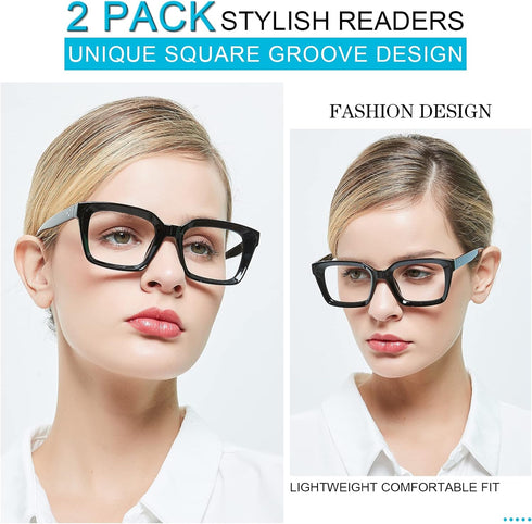 MARE AZZURO 2 Pairs Stylish Oversized Reading Glasses for Women, 1.0 1.5 2.0 2.5 3.0 3.5 (Black, 1.00)