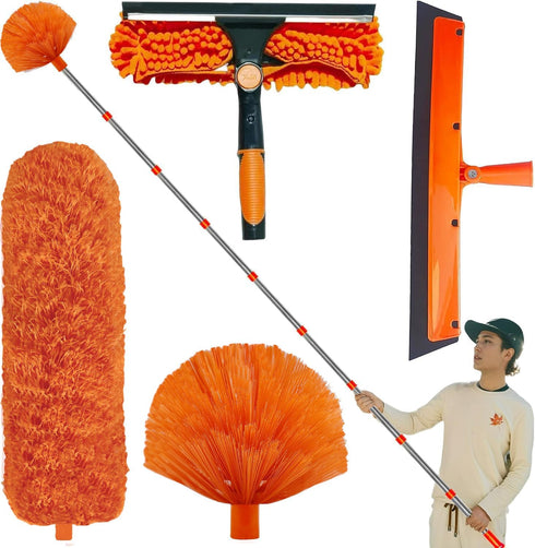 20+ Feet High Reach Duster Kit with 3-14 ft Extension Pole, Window Cleaning Kit with Squeegee, Cobweb Duster, and