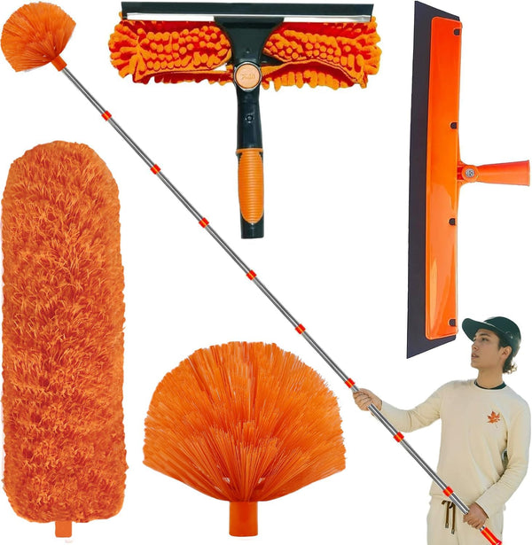 20+ Feet High Reach Duster Kit with 3-14 ft Extension Pole, Window Cleaning Kit with Squeegee, Cobweb Duster, and
