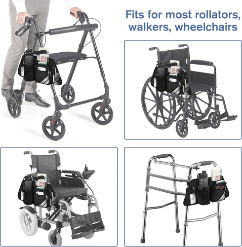 FINPAC Rollator Side Storage Bag with Cup Holder for Bariatric Walkers, Wheelchairs - Rollator Attachment Organizer