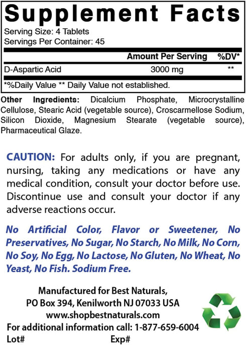 Best Naturals D Aspartic Acid (DAA) 3000mg per Serving - Non-GMO & Gluten Free - 180 Tablets