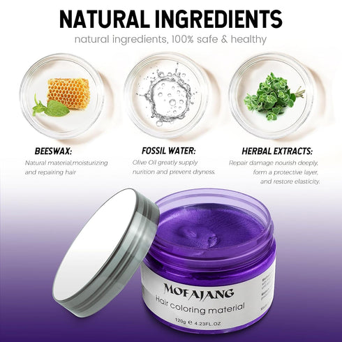 Purple Hair Dye Wax Temporary Color Pomade 4.23 oz, Natural Instant Hair Styling Clay for Halloween, Cosplay, Party