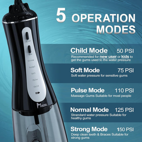 Water Dental Flosser Oral Irrigator, 5 Modes, 350ml, 6 Tips, IPX7 Waterproof, Rechargeable for Travel & Home