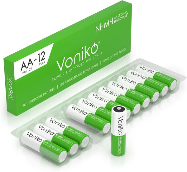 Voniko Rechargeable AA NiMH Double A Batteries 12 Pack – Ultra Long Lasting, 2100mAh, Pre-Charged (1.2V)