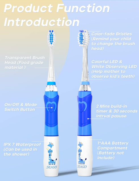 SEAGO Kids Electric Toothbrush, 2 Mins Brushing Timer, 4 Replacement Brush Heads, Blue Color for Ages 4-12