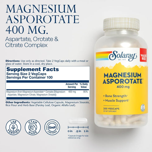 Solaray Magnesium Asporotate 400 mg, Chelated Magnesium Supplement for Bone Health and Muscle Support