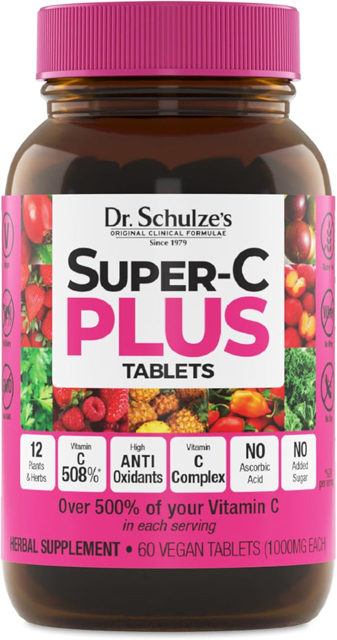 Dr. Schulze's Super-C Plus | Vitamin C Complex | Clinical Herbal Formula | 60 Chewable Tablets for Immunity Support