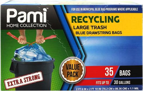 PAMI Recycling Tall 13-Gallon Kitchen Drawstring Trash Bags, Extra-Strong Plastic Garbage Bags, Blue 35 Pack