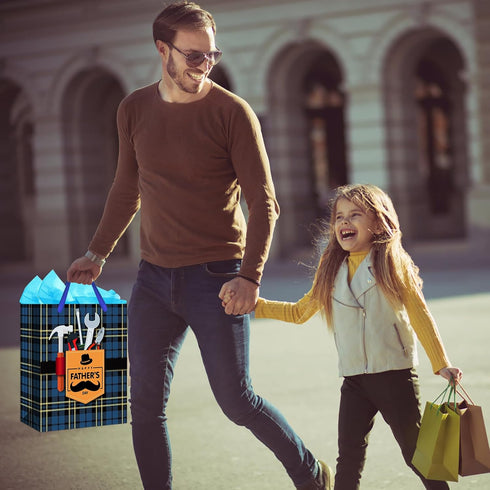 WaaHome Large Fathers Day Gift Bag with Handle 13''x10.5''x5.8'' and Tissue Paper for Dad, Daddy, Grandpa