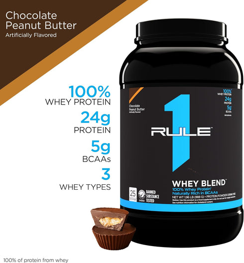 Rule 1 R1 Whey Blend, Chocolate Peanut Butter - 1.98 lbs Powder with 24g Whey Concentrates, 26 Servings