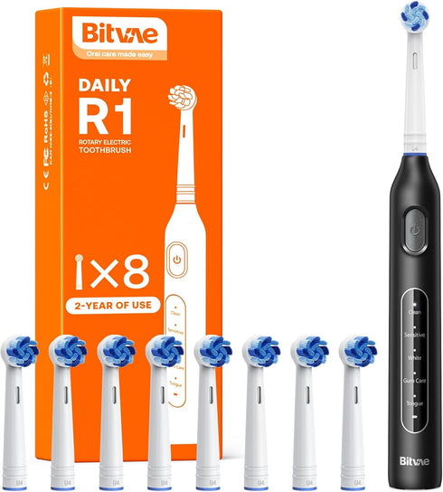 Bitvae R1 Rotating Electric Toothbrush: 8 Brush Heads, 60-Day Battery Life, 5 Modes, Black Rechargeable