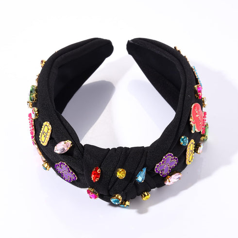 Teacher Headband Accessories, Colorful Rhinestone Crystal Jeweled Black Wide Top Knot Headband