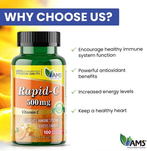 America Medic & Science Rapid-C, 500mg Vitamin C Supplement, 3 Pack of 100 Tablets, Daily Immune Support