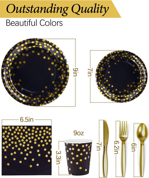224 Pieces Party Supplies, Black and Gold Disposable Tableware Sets with Plastic Knives, Forks, Spoons for 32
